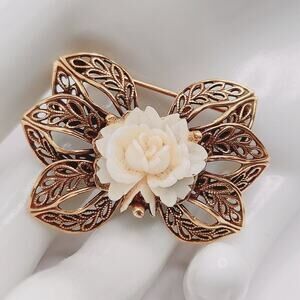 Vintage Celluloid Rose Brooch Gold Tone Filigree Bow Floral Pin